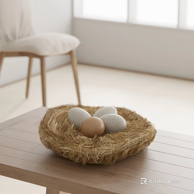 Natural Straw Nest Decorative Ornament Set With Gray And Brown Eggs On Wooden Tabletop 3d model 