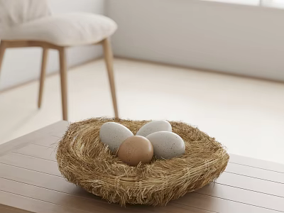 Natural Straw Nest Decorative Ornament Set With Gray And Brown Eggs On Wooden Tabletop 3d model