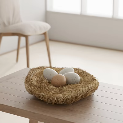 Natural Straw Nest Decorative Ornament Set With Gray And Brown Eggs On Wooden Tabletop 3d model