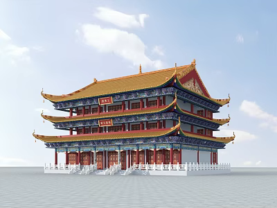 Three Story Ancient Chinese Architecture With Golden Roof Red Pillars And Overhanging Eaves 3d model