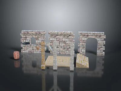 Scenic Stone Wall Landscape With Various Shaped Arches Decorative Elements And Reflective Ground 3d model
