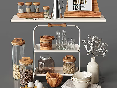 Kitchen Utensils Featuring Glass Jars With Wooden Lids Wooden Bowls Cups And Shelf Storage 3d model