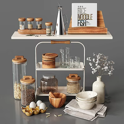 Kitchen Utensils Featuring Glass Jars With Wooden Lids Wooden Bowls Cups And Shelf Storage 3d model