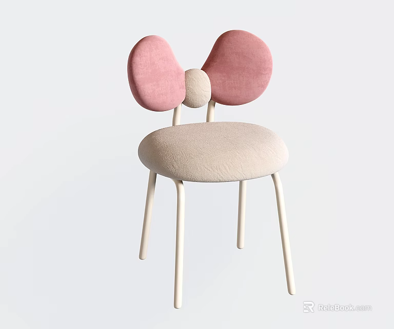 Stylish Single Chair With Pink Bow Shaped Backrest Beige Seat And White Slender Legs 3d model 