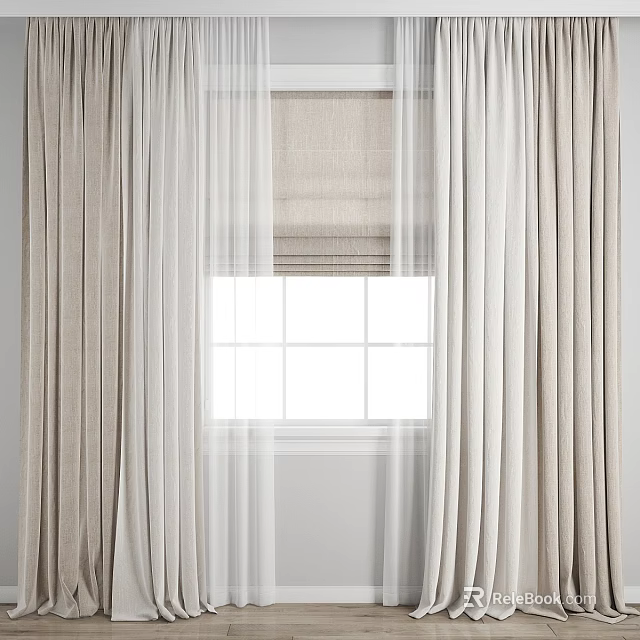 Neutral Beige Textured Curtains With Sheer White Panels And Grid Window 3d model 