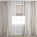 Neutral Beige Textured Curtains With Sheer White Panels And Grid Window