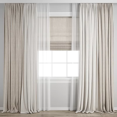 Neutral Beige Textured Curtains With Sheer White Panels And Grid Window 3d model