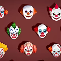 Colorful Clown Masks With Different Designs And Expressions Arranged On Brown Background