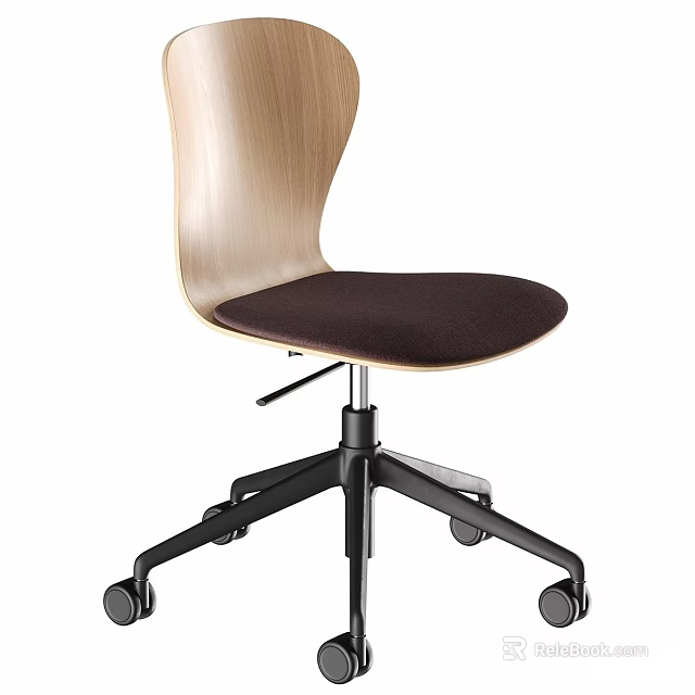 Modern Office Chair With Wooden Backrest Dark Cushion Black Swivel Base And Wheels 3d model 