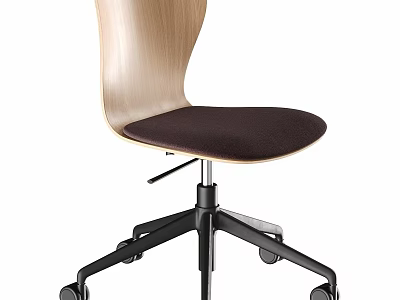 Modern Office Chair With Wooden Backrest Dark Cushion Black Swivel Base And Wheels 3d model