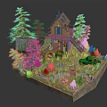 Cartoon Scene Featuring Small Wooden House Pine Trees Green Tractor Wooden Barrel Stream And Grass