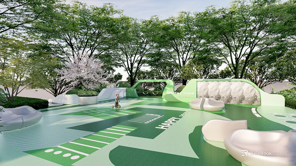 Green Outdoor Leisure Area Design With White Seats Trees And Blue Sky 3d model 