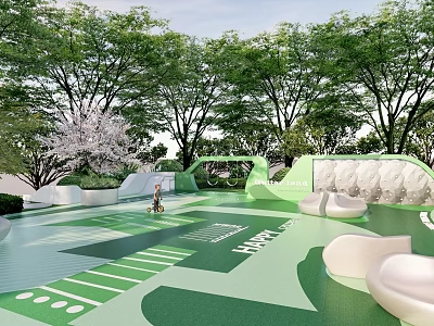 Green Outdoor Leisure Area Design With White Seats Trees And Blue Sky 3d model