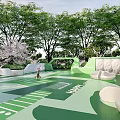 Green Outdoor Leisure Area Design With White Seats Trees And Blue Sky