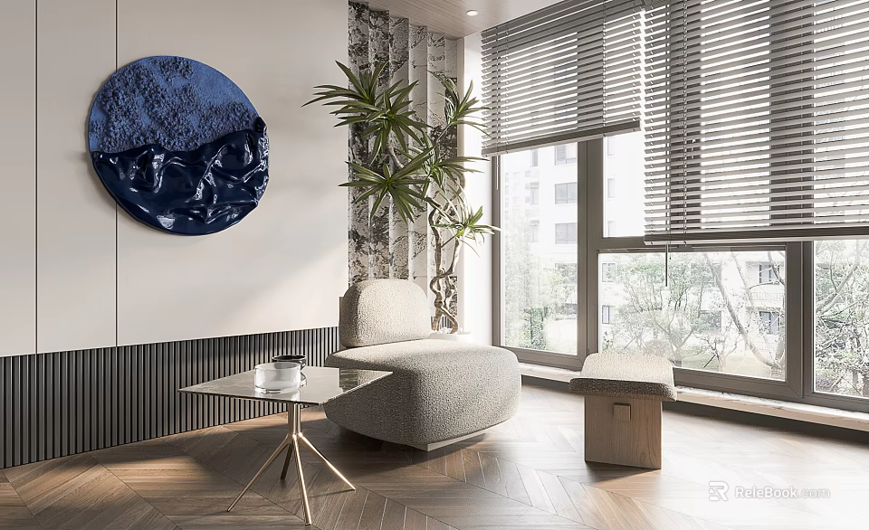 Modern Single Sofa In Living Room With Round Blue Painting Green Plant And Wooden Floor 3d model 