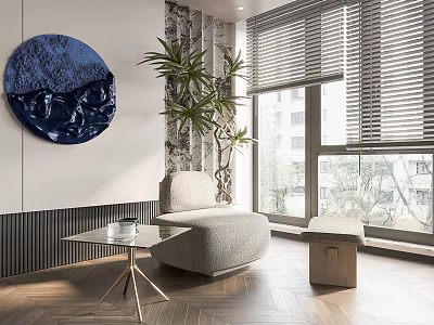 Modern Single Sofa In Living Room With Round Blue Painting Green Plant And Wooden Floor 3d model