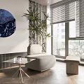 Modern Single Sofa In Living Room With Round Blue Painting Green Plant And Wooden Floor