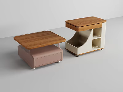 Modern Wooden Coffee Tables With Pink Soft Upholstery White Storage Shelves Design 3d model