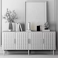 Elegant Console Cabinet Interior With Dark Wall Artwork Orange Branches Books And Dot Details