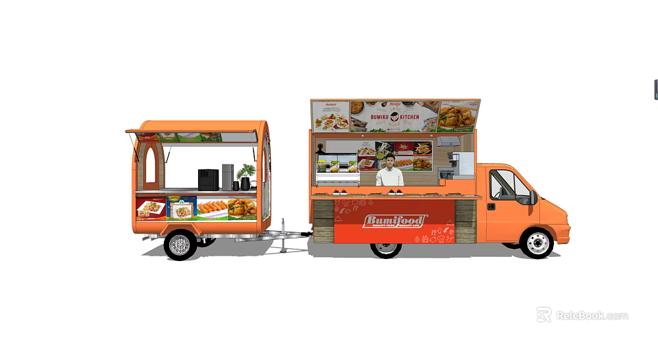 Orange Fast Food Truck With Display Window Food Images And Chef Figure 3d model 