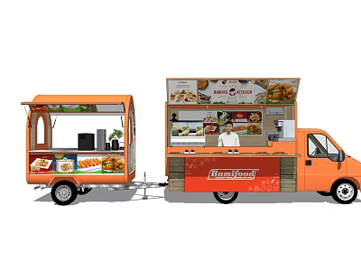 Orange Fast Food Truck With Display Window Food Images And Chef Figure 3d model