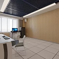 Modern Classroom Interior With Blue Ceiling White Tables Chairs And Screens