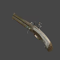 Vintage Flintlock Pistol with Engraved Ornate Design and Gold Silver Metal Antique Weapon