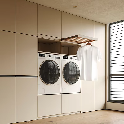 Beige Built in Laundry Area With Front Loading Washing Machines And White Shirt 3d model