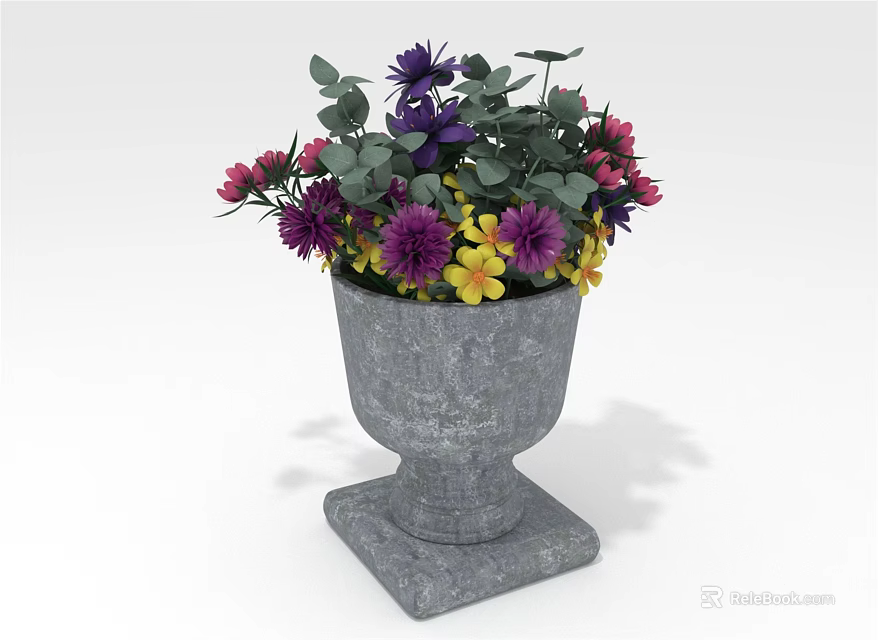Colorful Flower Plants In Gray Stone Pot With Green Leaves And Mixed Blooms 3d model 