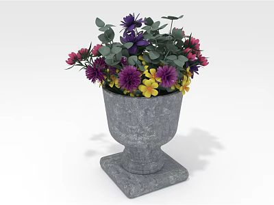 Colorful Flower Plants In Gray Stone Pot With Green Leaves And Mixed Blooms 3d model
