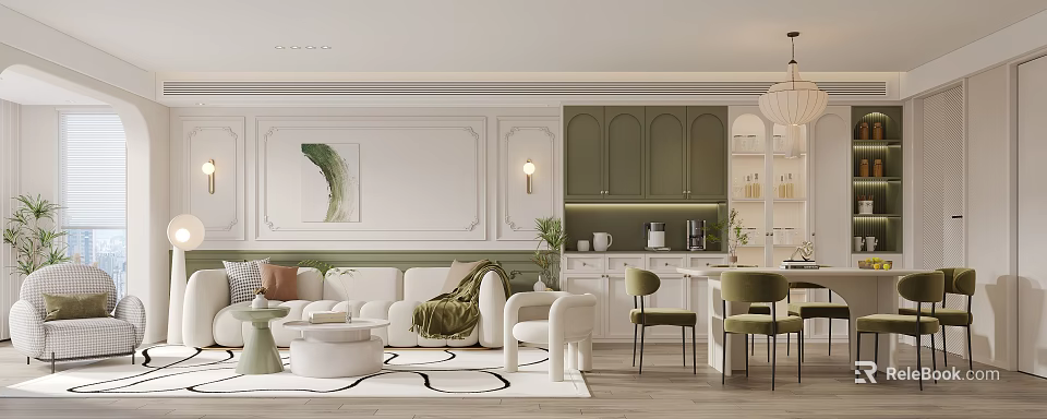 Modern Elegant Living and Dining Room Interior With White Sofa Green Cabinets And Chandelier 3d model 