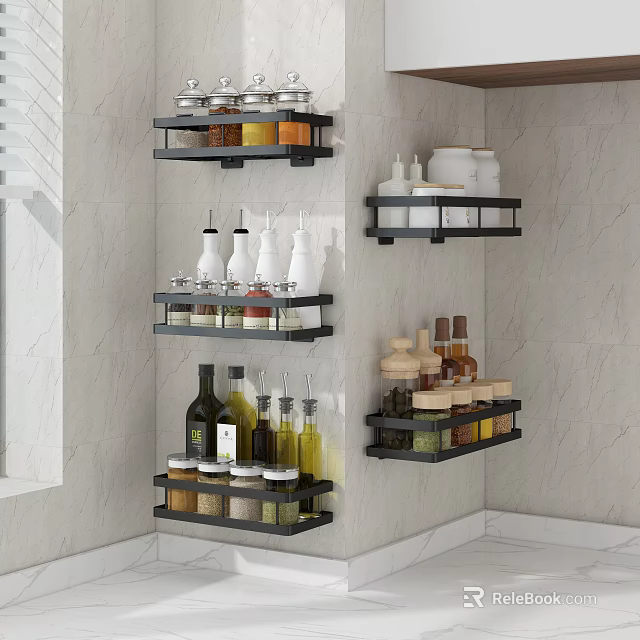 Modern Kitchen Wall Mounted Shelves Holding Kitchenware Spice Bottles And Olive Oil Jars 3d model 