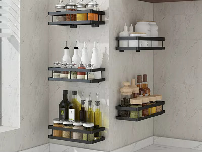 Modern Kitchen Wall Mounted Shelves Holding Kitchenware Spice Bottles And Olive Oil Jars 3d model