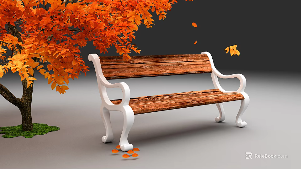 Wooden Outdoor Bench With White Metal Armrests And Orange Autumn Leaves 3d model 