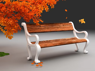 Wooden Outdoor Bench With White Metal Armrests And Orange Autumn Leaves 3d model