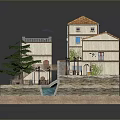 Miniature Village Scene With Orange Tiled Roofs Pool Pine Tree And Courtyard