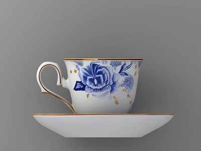 Elegant White Tea Cup and Saucer with Blue Floral Pattern and Gold Accents 3d model