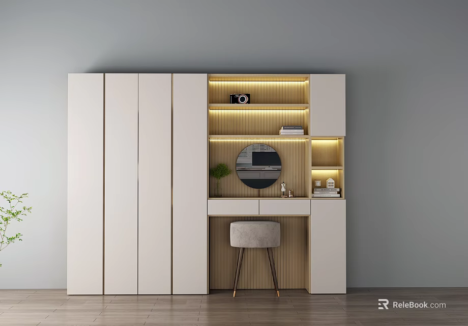 Modern White Wardrobe With Lighted Storage Dressing Table Mirror And Stool 3d model