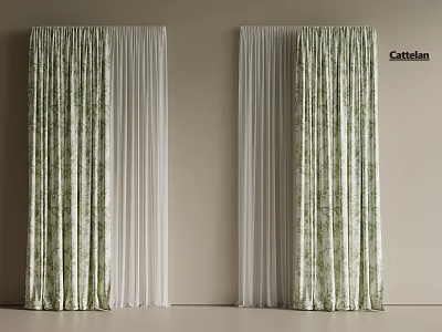 Green Leaf Pattern Curtains With White Sheer For Home Interior Decoration 3d model