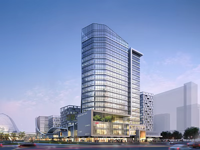 Modern Commercial Street With Tall Glass Building Modern Architecture And Busy Street Vehicles 3d model