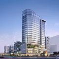 Modern Commercial Street With Tall Glass Building Modern Architecture And Busy Street Vehicles