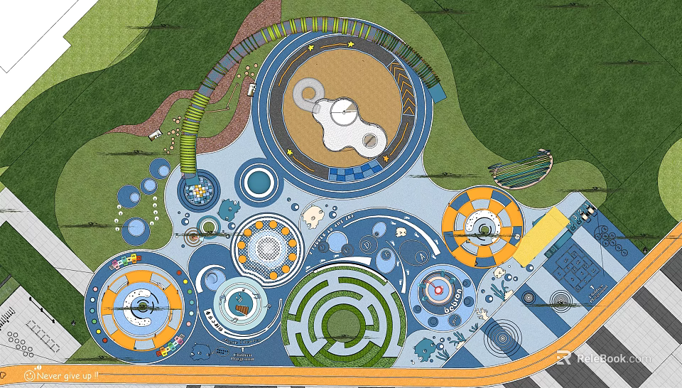 Colorful Kids Play Area Design With Circular Play Structures Green Landscaping And Interactive Pathways 3d model 