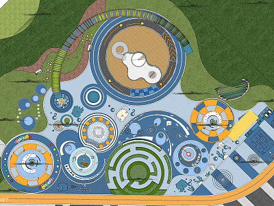 Colorful Kids Play Area Design With Circular Play Structures Green Landscaping And Interactive Pathways 3d model
