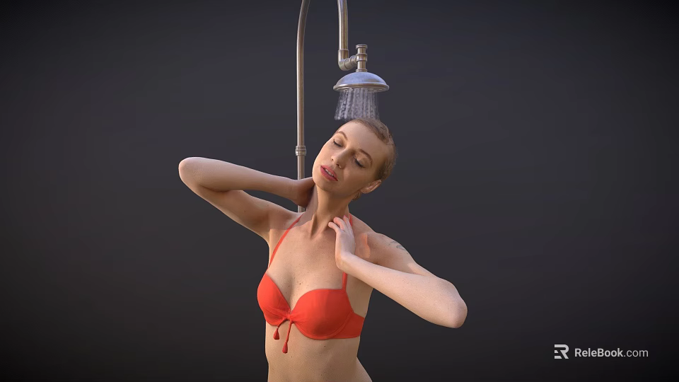 Woman in Red Bikini Top Enjoying Shower with Water Spray from Head 3d model 