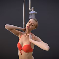 Woman in Red Bikini Top Enjoying Shower with Water Spray from Head