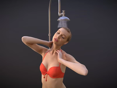 Woman in Red Bikini Top Enjoying Shower with Water Spray from Head 3d model