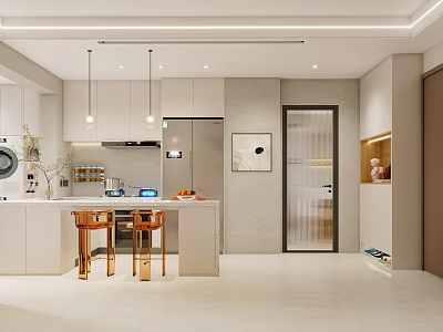 Modern Apartment Open Kitchen Interior Design With Island Counter Cabinets And Appliances 3d model