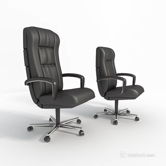 Two Black Leather Office Chairs with Armrests and Swivel Wheel Bases 3d model 