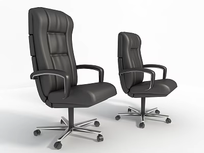 Two Black Leather Office Chairs with Armrests and Swivel Wheel Bases 3d model