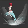 Woman with red hair wearing red white bikini headphones sitting on blue dolphin splashing water